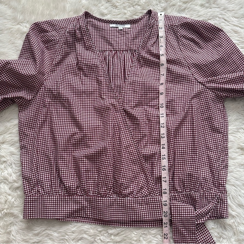 Madewell Blouse Wrap Top in Gingham Check Cropped Gingham Rusty Burgundy L - Picture 13 of 14